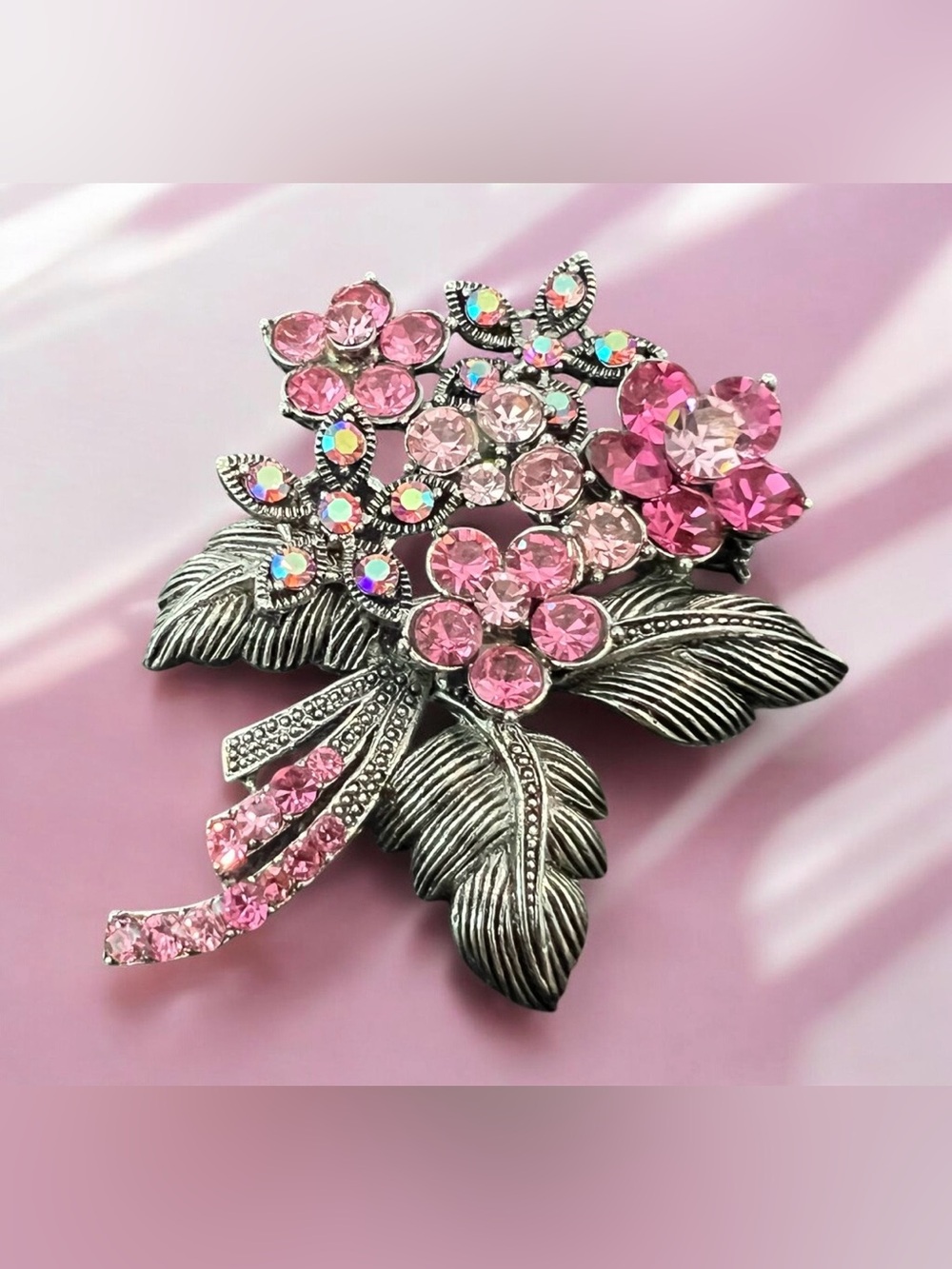 Vintage MCM Crystal Rhinestone
Purple Pink Floral Silver Tone Brooch